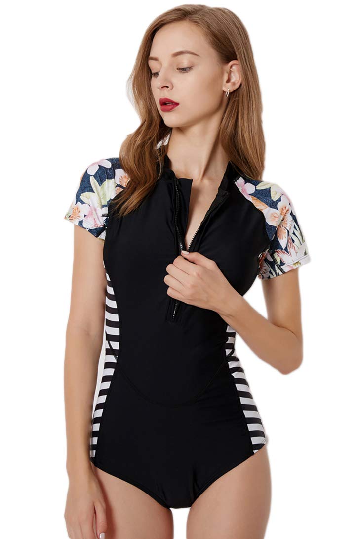 Micosuza Womens Rash Guard Short Sleeve Zip Printed One Piece Swimsuit Black Stripes - Image 2